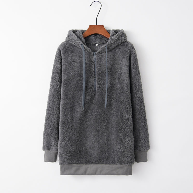 Full Size Quarter-Zip Drawstring Teddy Hoodie