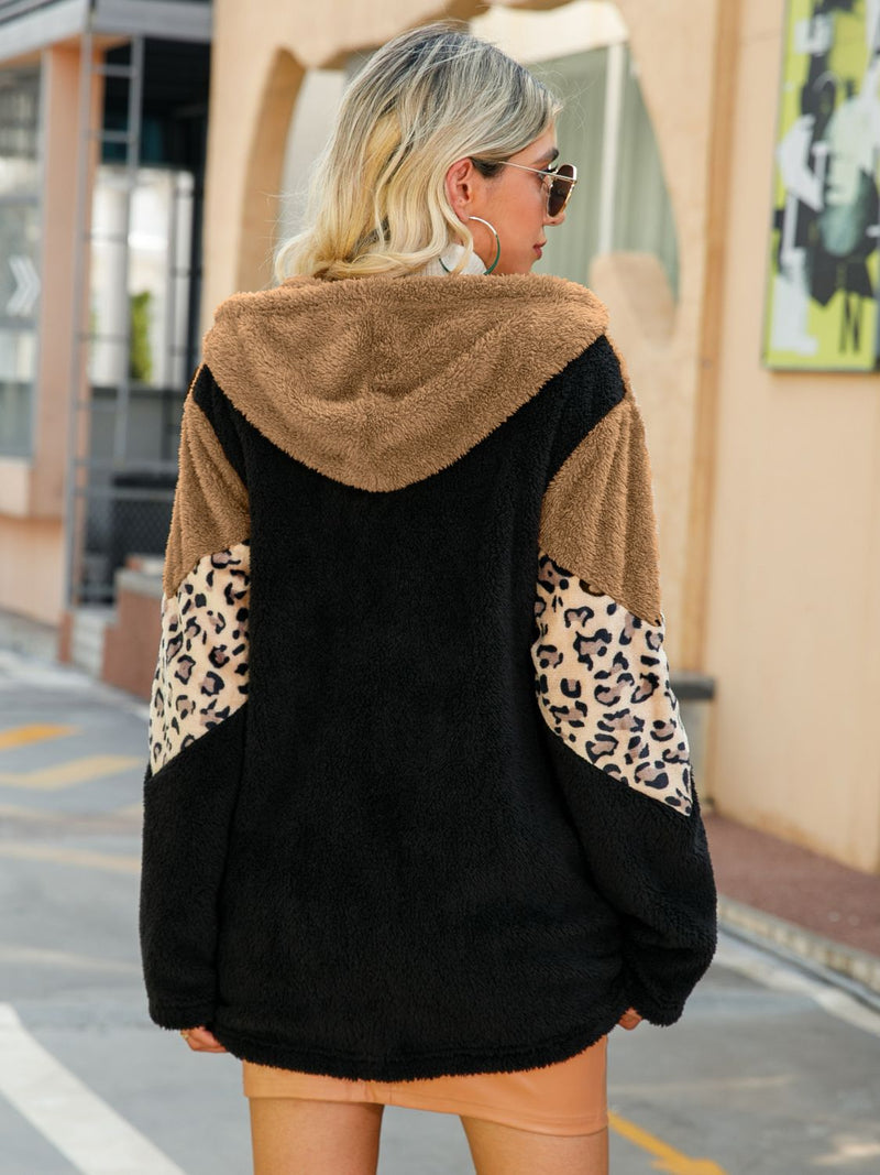 Leopard Color Block Hooded Teddy Jacket