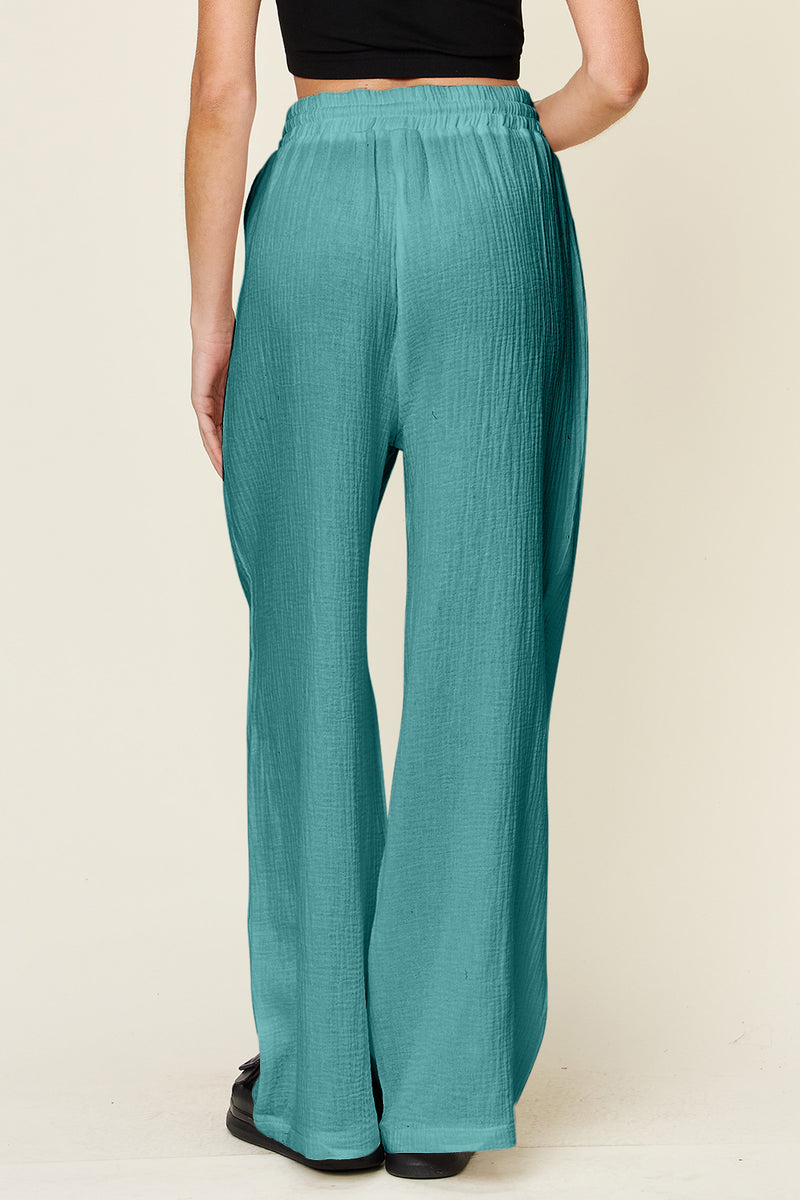 Double Take Full Size Texture Drawstring Wide Leg Pants