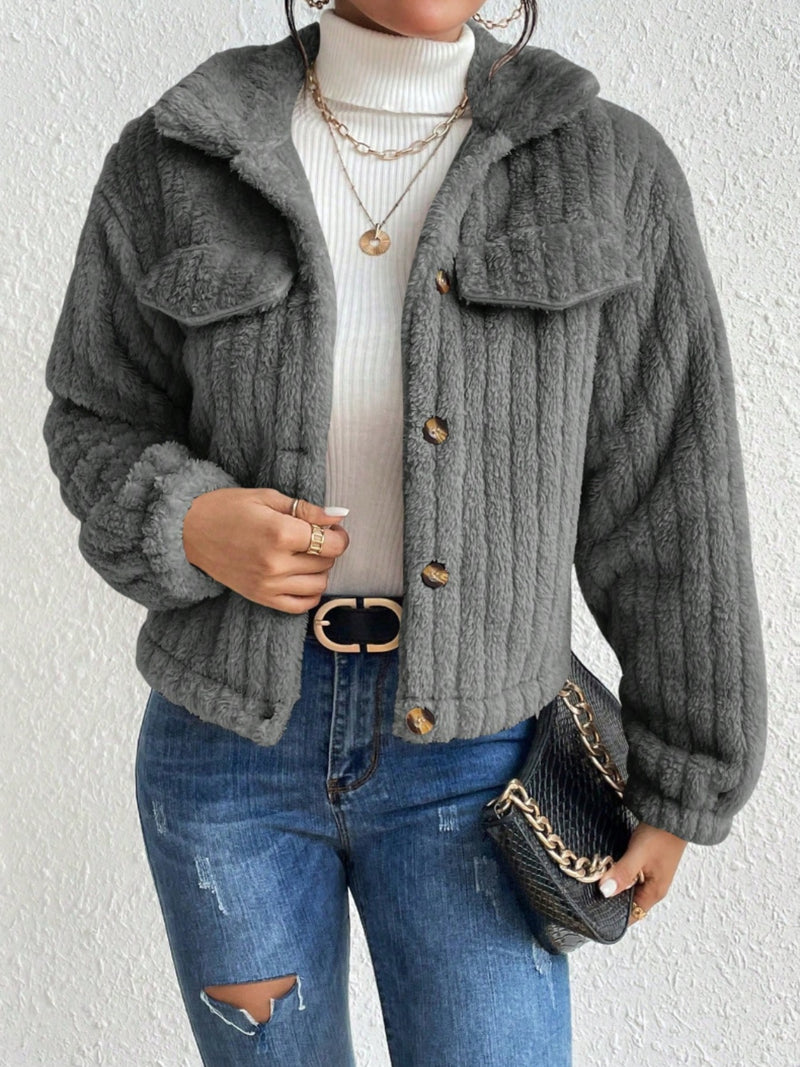 Fuzzy Button Up Collared Neck Jacket