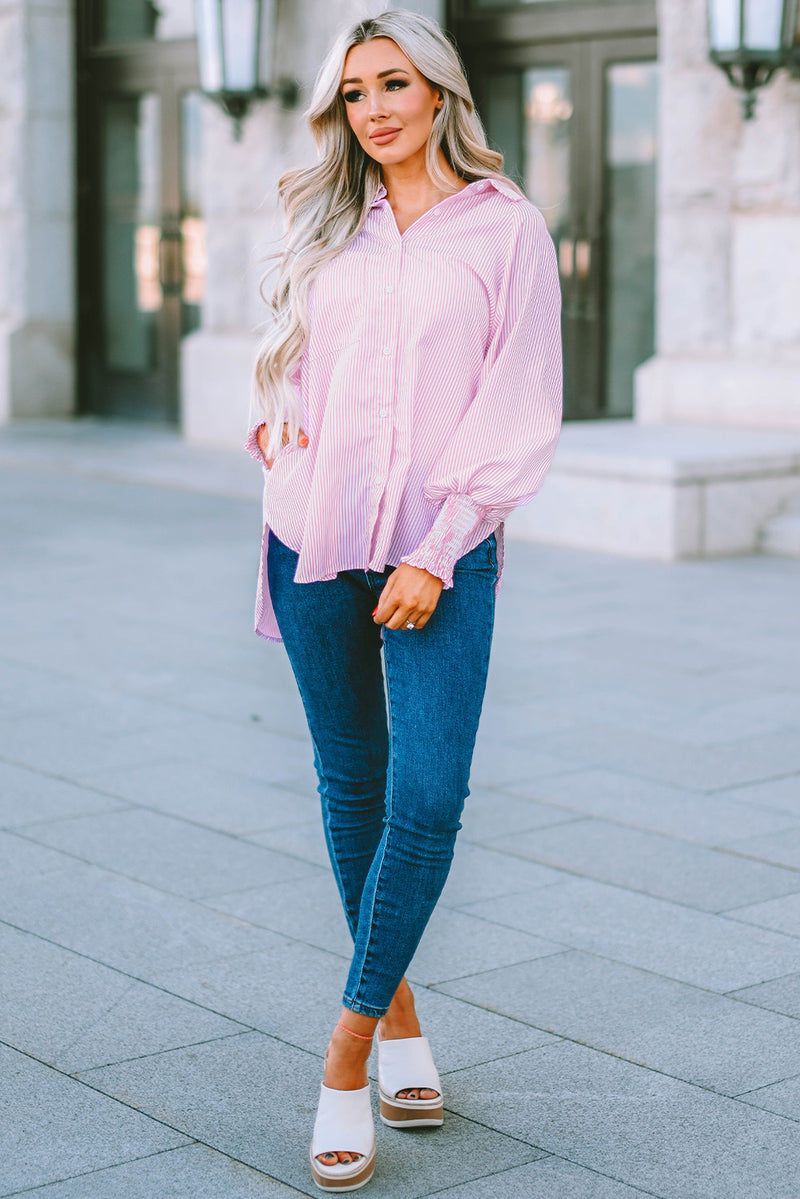 Striped Lantern Sleeve Collared Shirt