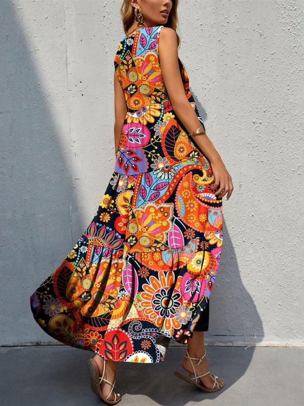 Tiered Printed V-Neck Sleeveless Dress