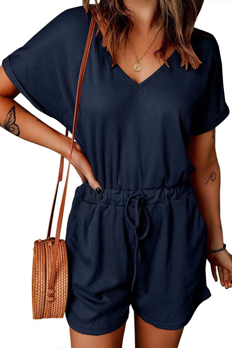 Full Size Drawstring V-Neck Short Sleeve Romper