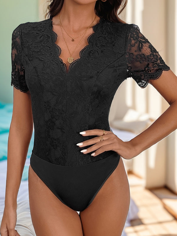 V-Neck Short Sleeve Lace Bodysuit