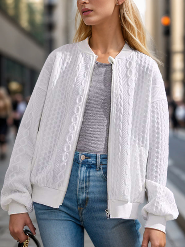 Textured Zip Up Dropped Shoulder Jacket