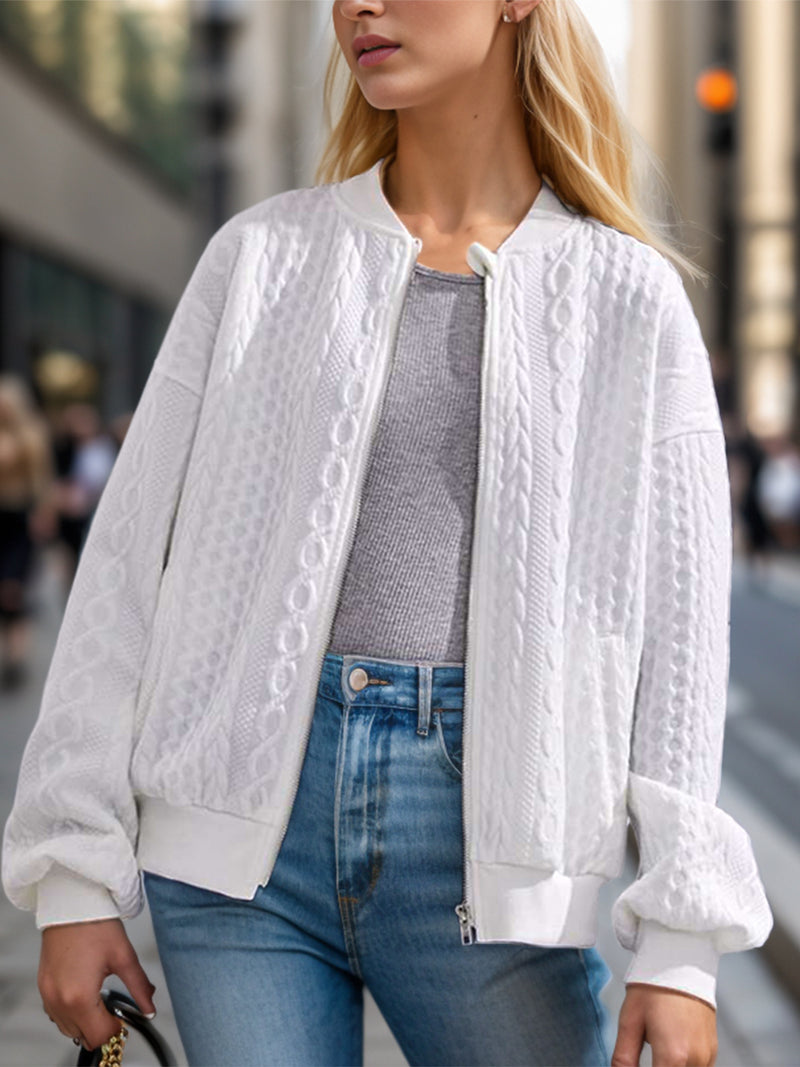 Textured Zip Up Dropped Shoulder Jacket