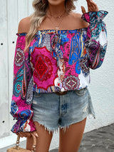 Tied Ruffled Printed Off-Shoulder Long Sleeve Blouse