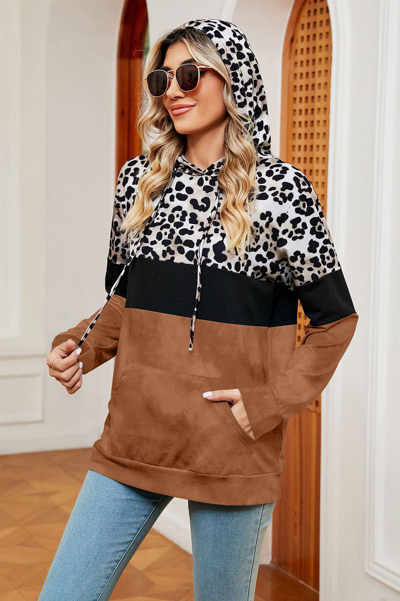 Leopard Drawstring Hoodie with Pocket