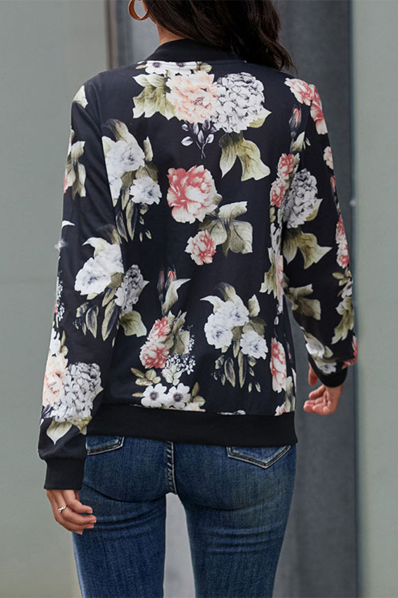 Floral Print Zip Up Bomber Jacket