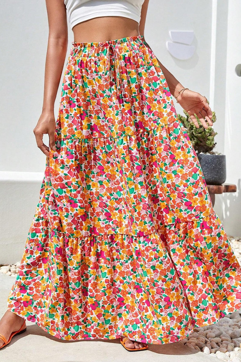 Printed Elastic Waist Maxi Skirt