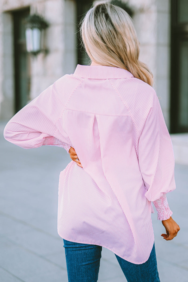 Striped Lantern Sleeve Collared Shirt