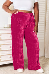 Double Take Full Size High Waist Tiered Shirring Velvet Wide Leg Pants