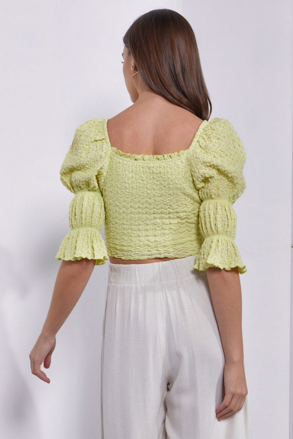 Mustard Seed Crinkle Texture Puff Sleeve Crop Top