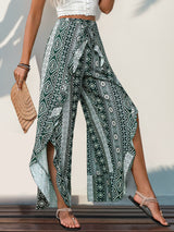 Slit Ruffled Geometric Wide Leg Pants