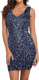 Women'S Sexy Deep V Neck Sequin Glitter Bodycon Stretchy Mini Party Dress