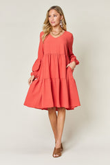 Double Take Full Size V-Neck Balloon Sleeve Tiered Dress