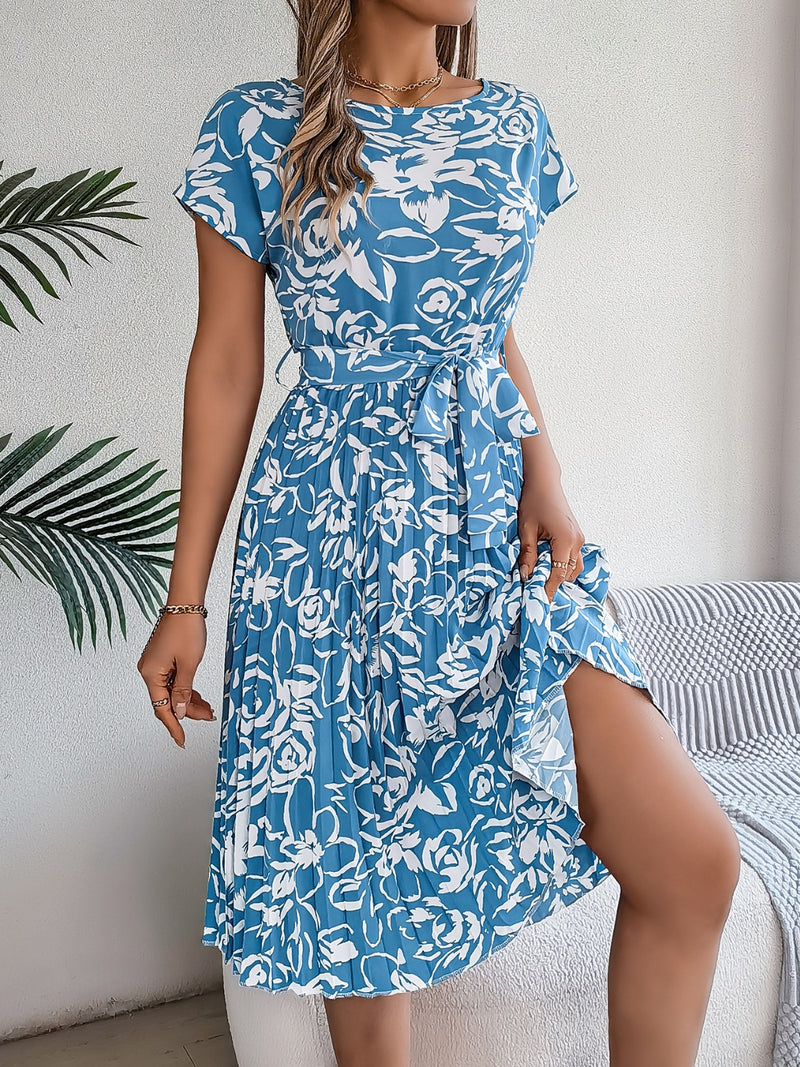 Tied Pleated Printed Short Sleeve Dress