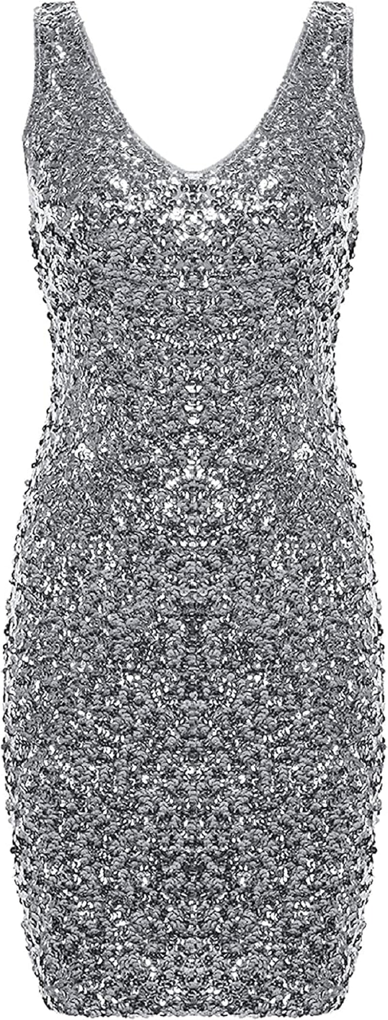 Women'S Sexy Deep V Neck Sequin Glitter Bodycon Stretchy Mini Party Dress