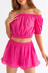 Le Lis Off Shoulder Crop Top and Ruffled Shorts Set