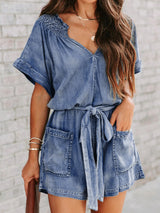 Notched Tie Waist Denim Romper