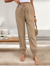 Tied Elastic Waist Pants with Pockets