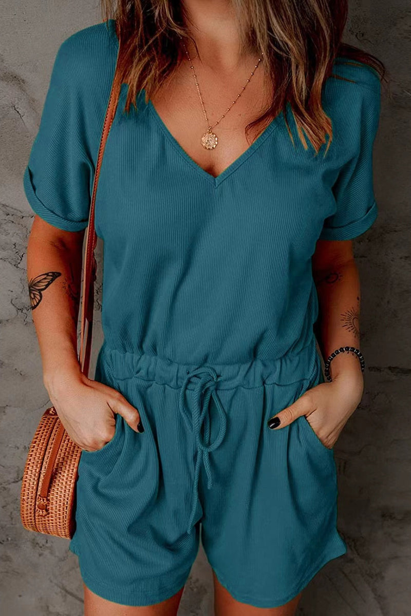 Full Size Drawstring V-Neck Short Sleeve Romper