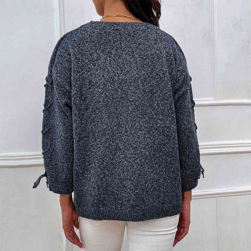 Lace-Up Long Sleeve Round Neck Sweater