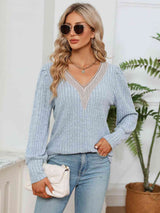 Lace Detail V-Neck Ribbed Blouse