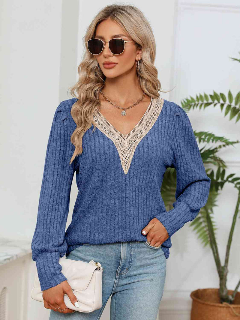 Lace Detail V-Neck Ribbed Blouse