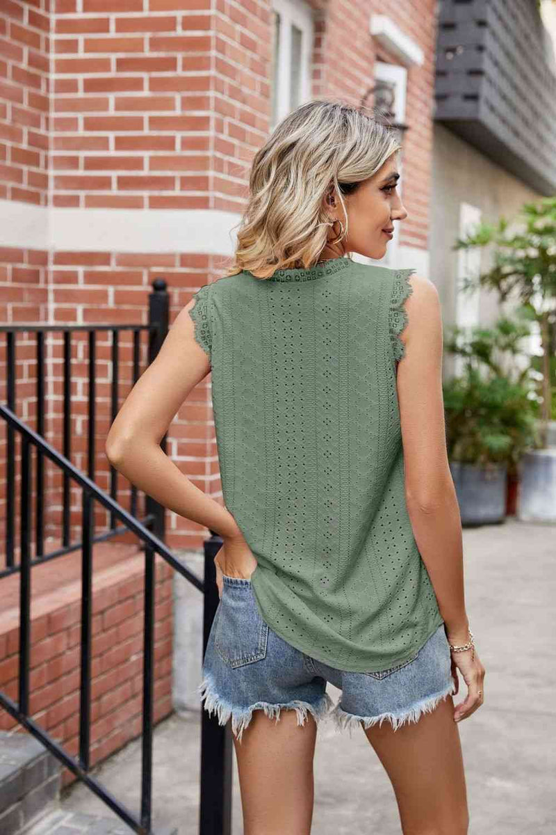 Eyelet Lace Trim Eyelash V-Neck Tank