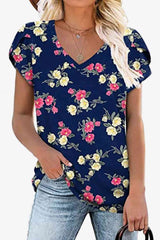 Printed Petal Sleeve V-Neck Blouse