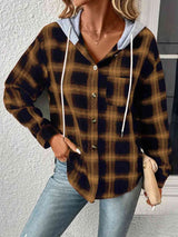 Plaid Drawstring Button Up Hooded Jacket