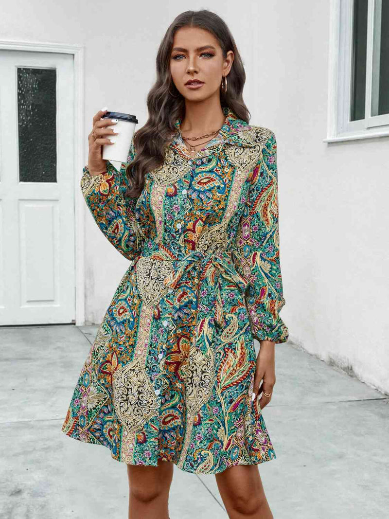 Printed Collared Neck Long Sleeve Dress