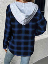 Plaid Drawstring Button Up Hooded Jacket