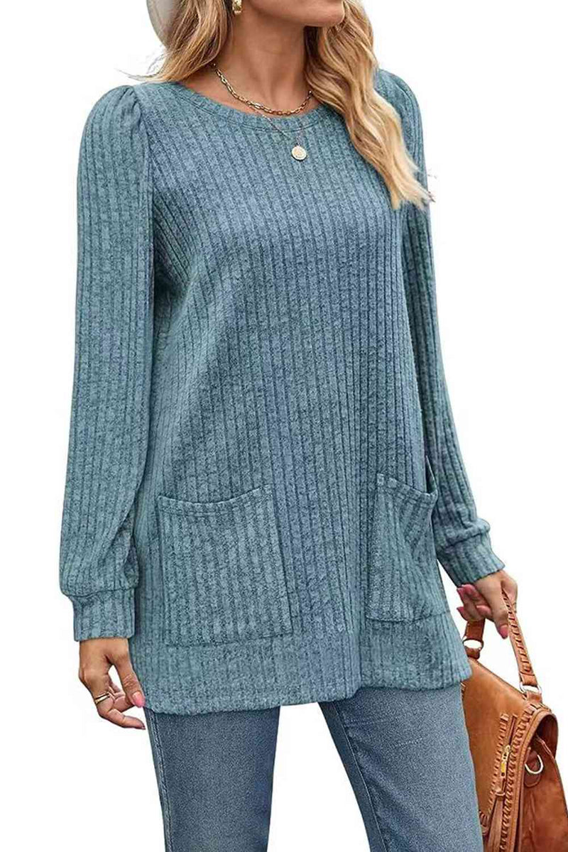 Ribbed Round Neck Long Sleeve T-Shirt