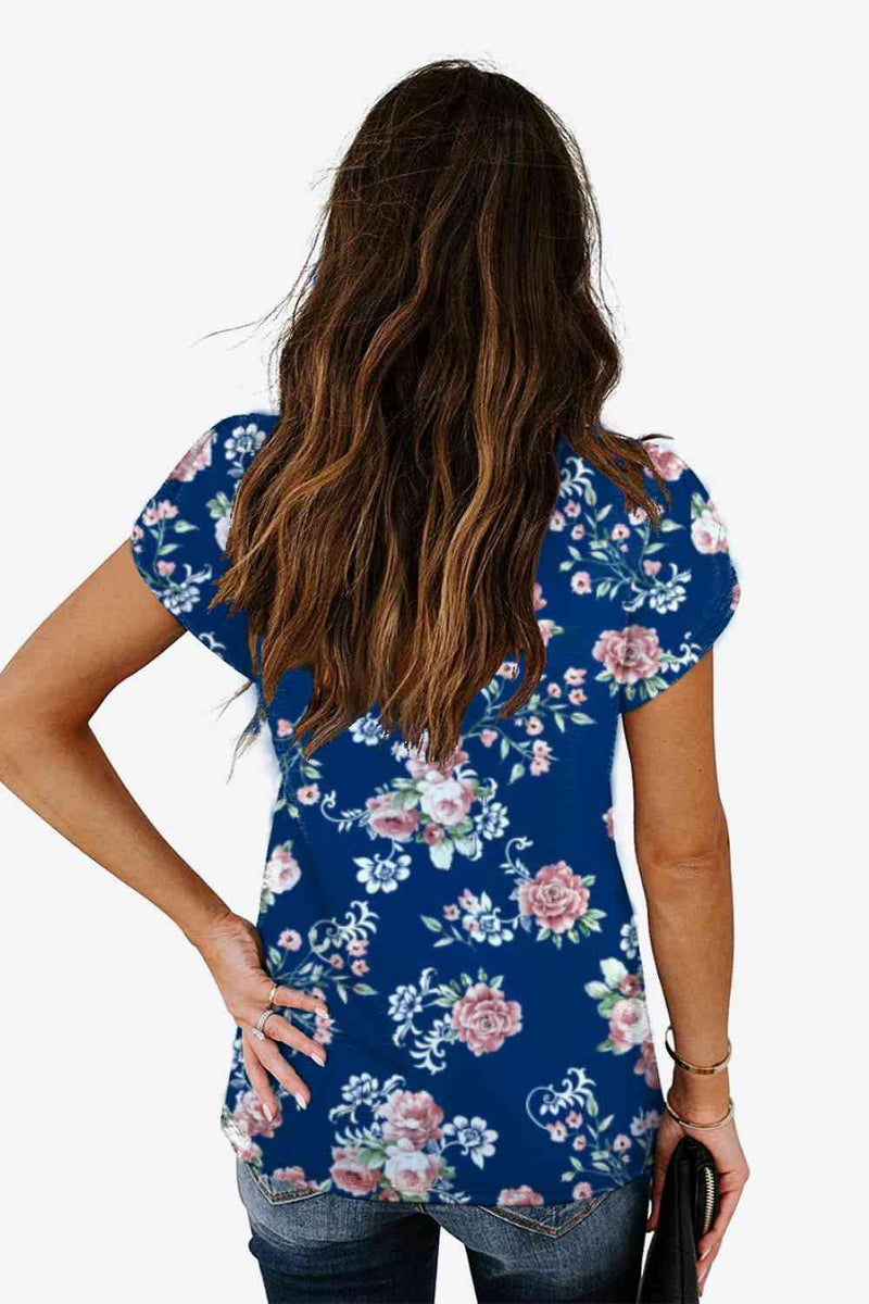 Printed Petal Sleeve V-Neck Blouse