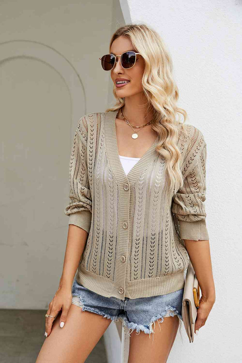 Openwork Button Front V-Neck Cardigan