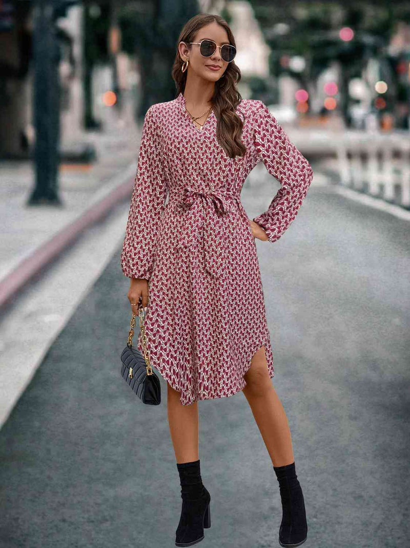 Printed Notched Tie Front Long Sleeve Dress