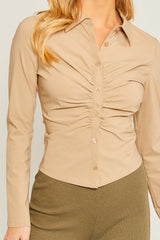 Woven Solid Ruched Front Long Sleeve