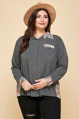 Plus Size Printed Patchwork Contrast Button Up Shirt