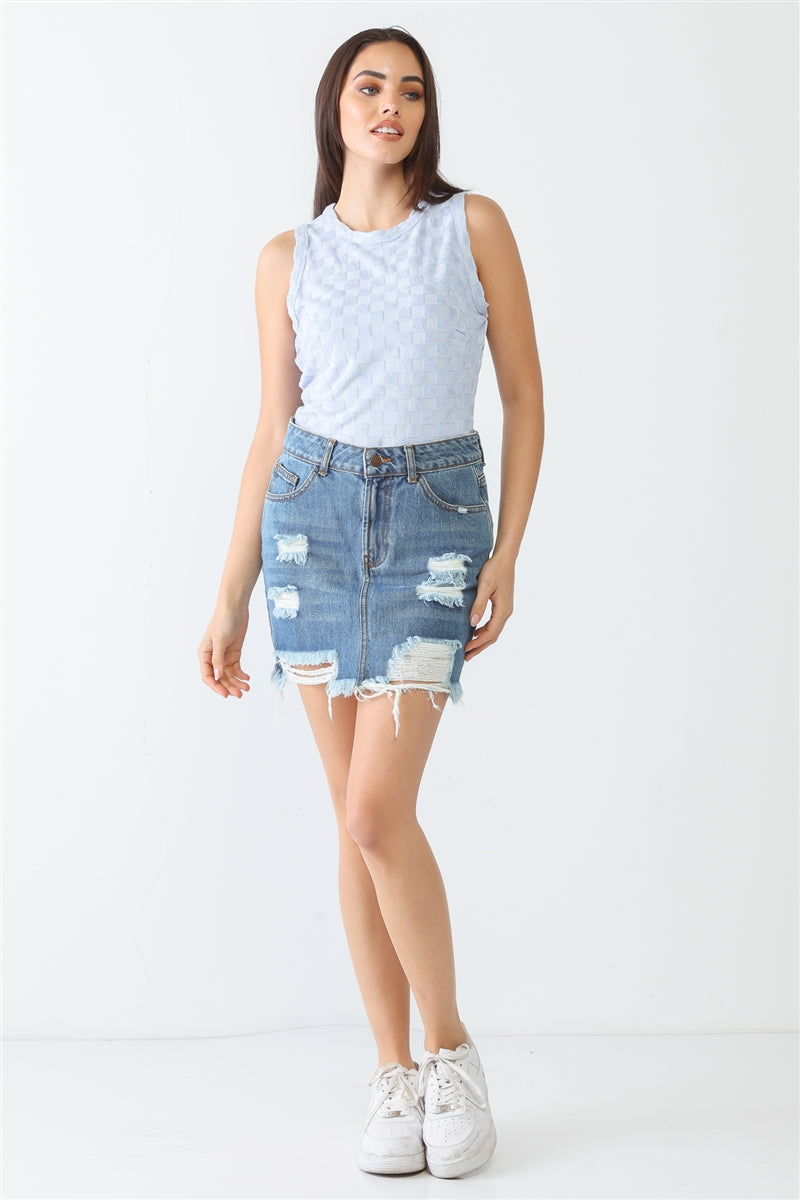 Baby Blue Chess Cage Print Cotton Blend Sleeveless Bodysuit