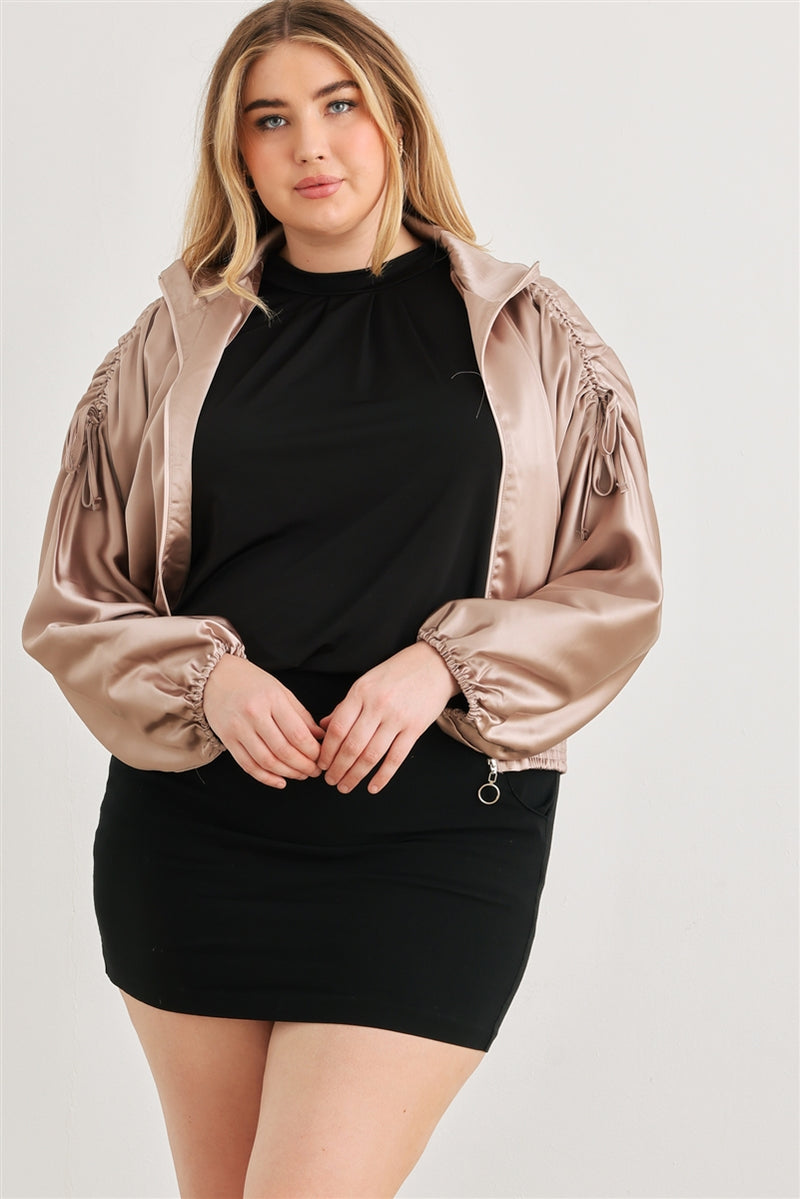 Plus Satin Zip-up Ruched Long Sleeve Cropped Bomber Jacket