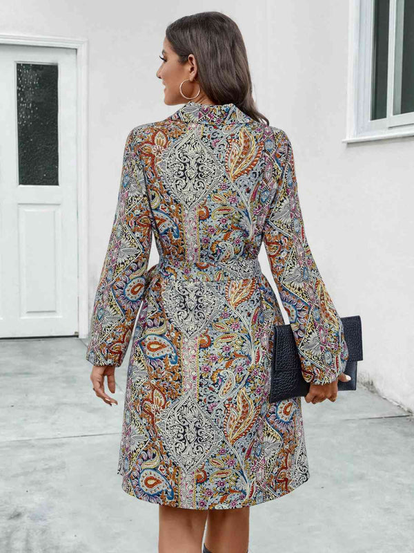 Printed Collared Neck Long Sleeve Dress