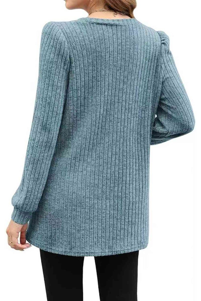 Ribbed Round Neck Long Sleeve T-Shirt