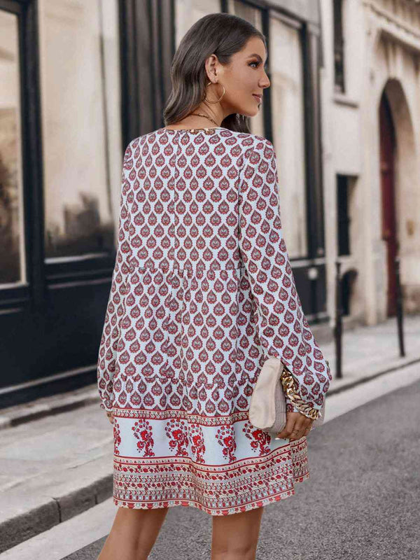 Printed Tie Neck Long Sleeve Dress