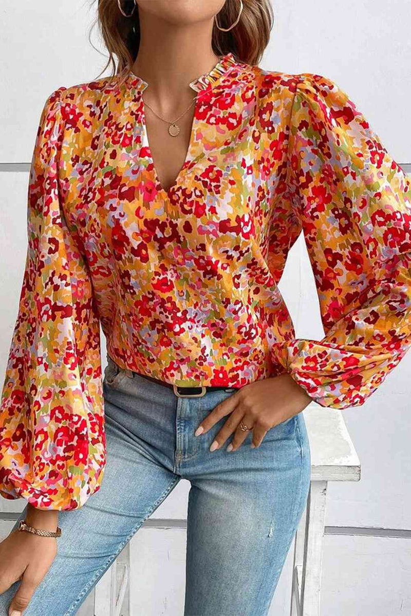 Floral Notched Balloon Sleeve Blouse