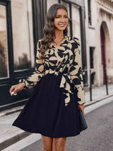 Contrast Notched Tie Front Long Sleeve Dress