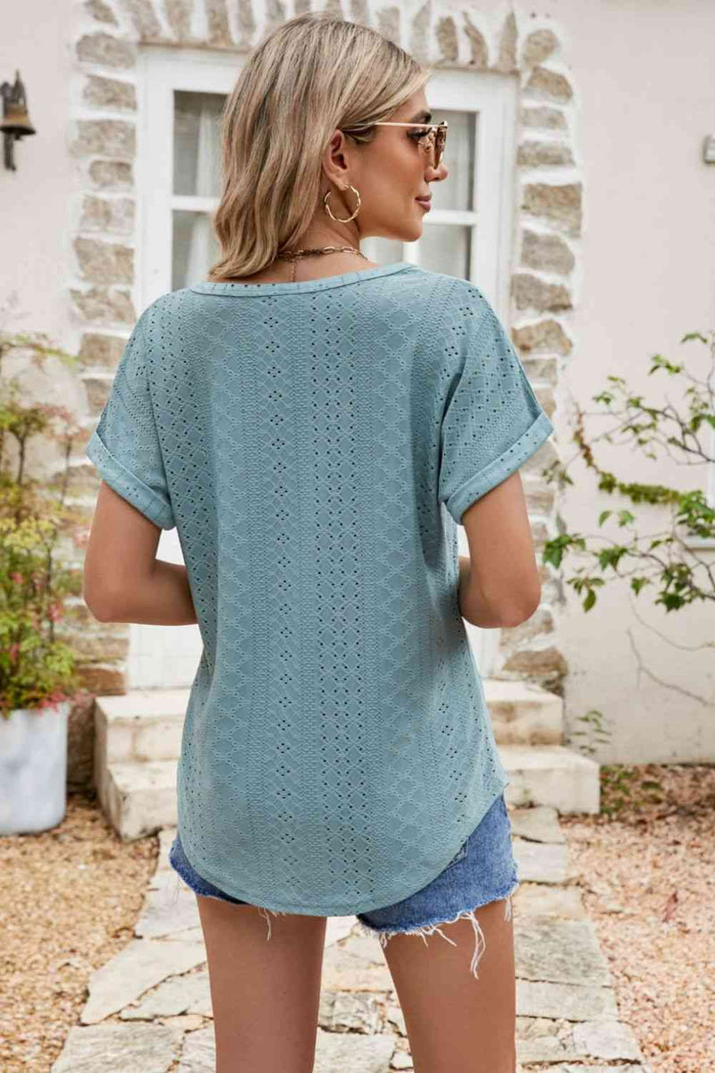 Full Size Round Neck Eyelet Short Sleeve Top