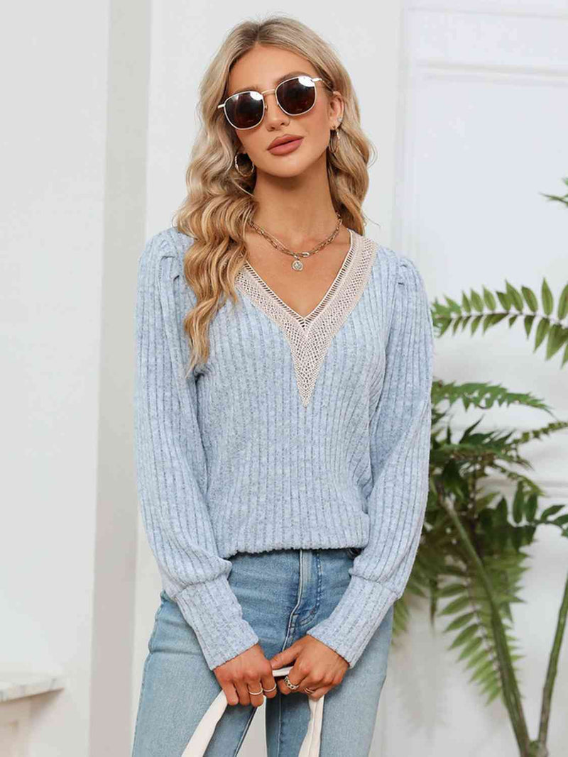 Lace Detail V-Neck Ribbed Blouse