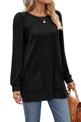 Ribbed Round Neck Long Sleeve T-Shirt